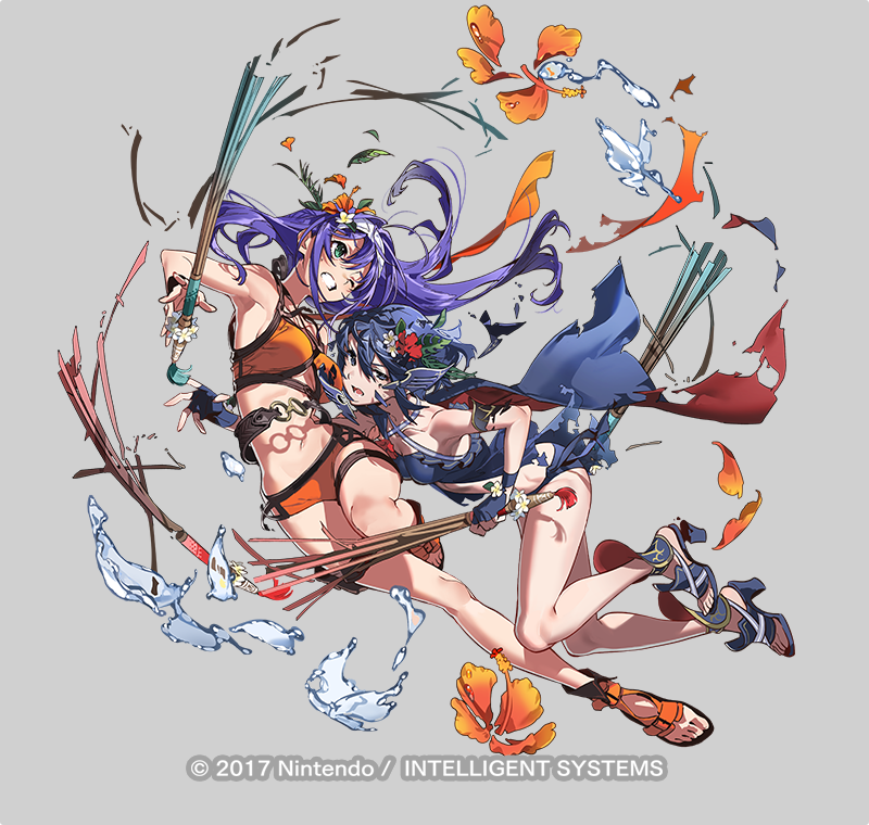 two animestyle female characters are dynamically posed against a swirling backdrop of stylized water splashes, flower petals, and abstract elements. the woman in the foreground has short blue hair and wears a blue bikini top and bottom with a transparent wrap and gold sandals.  she's holding a stafflike weapon.  the second woman, slightly behind, has long purple hair and wears an orange bikini top and bottom with floral accents. she also has on gold sandals and is holding two stafflike weapons. both have joyful expressions and appear to be in motion, suggesting a playful fight or dance. the overall aesthetic is vibrant and whimsical, characteristic of fantasy or video game art.
