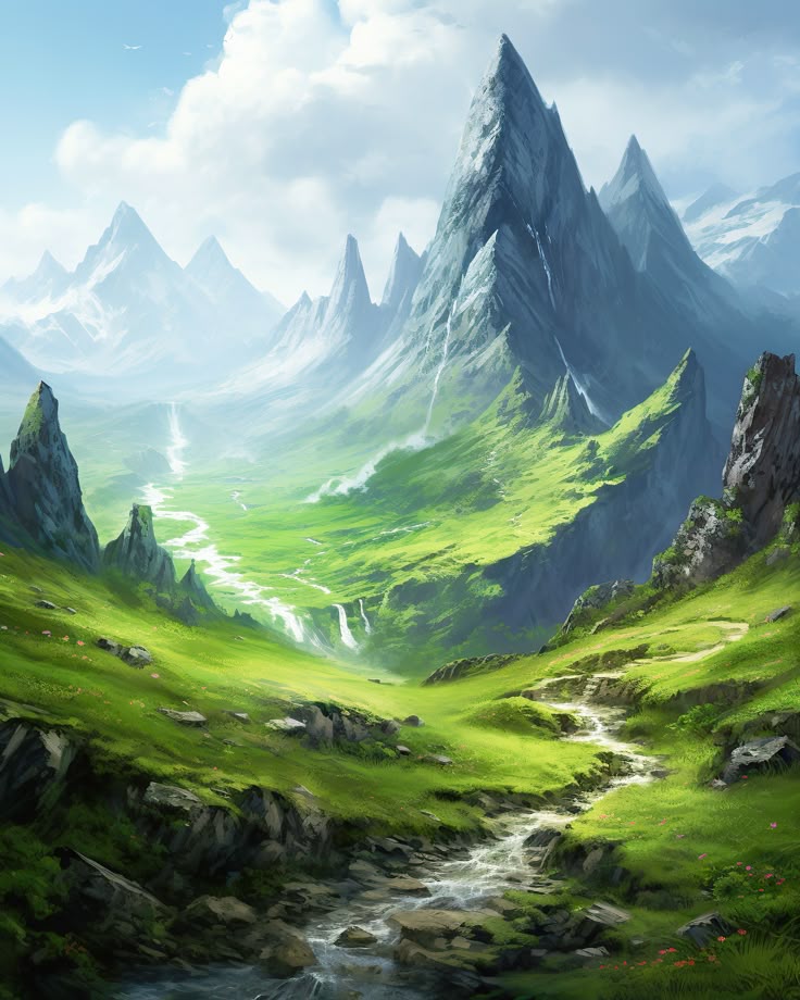 a vibrant landscape painting depicts a lush green valley surrounded by towering, snowcapped mountains under a sky dotted with fluffy white clouds. a winding stream meanders through the foreground, cascading over rocks and reflecting the sky. the valley is a mix of green meadows and grassy hills, with some rocky outcrops. a distant waterfall adds to the scenic beauty.