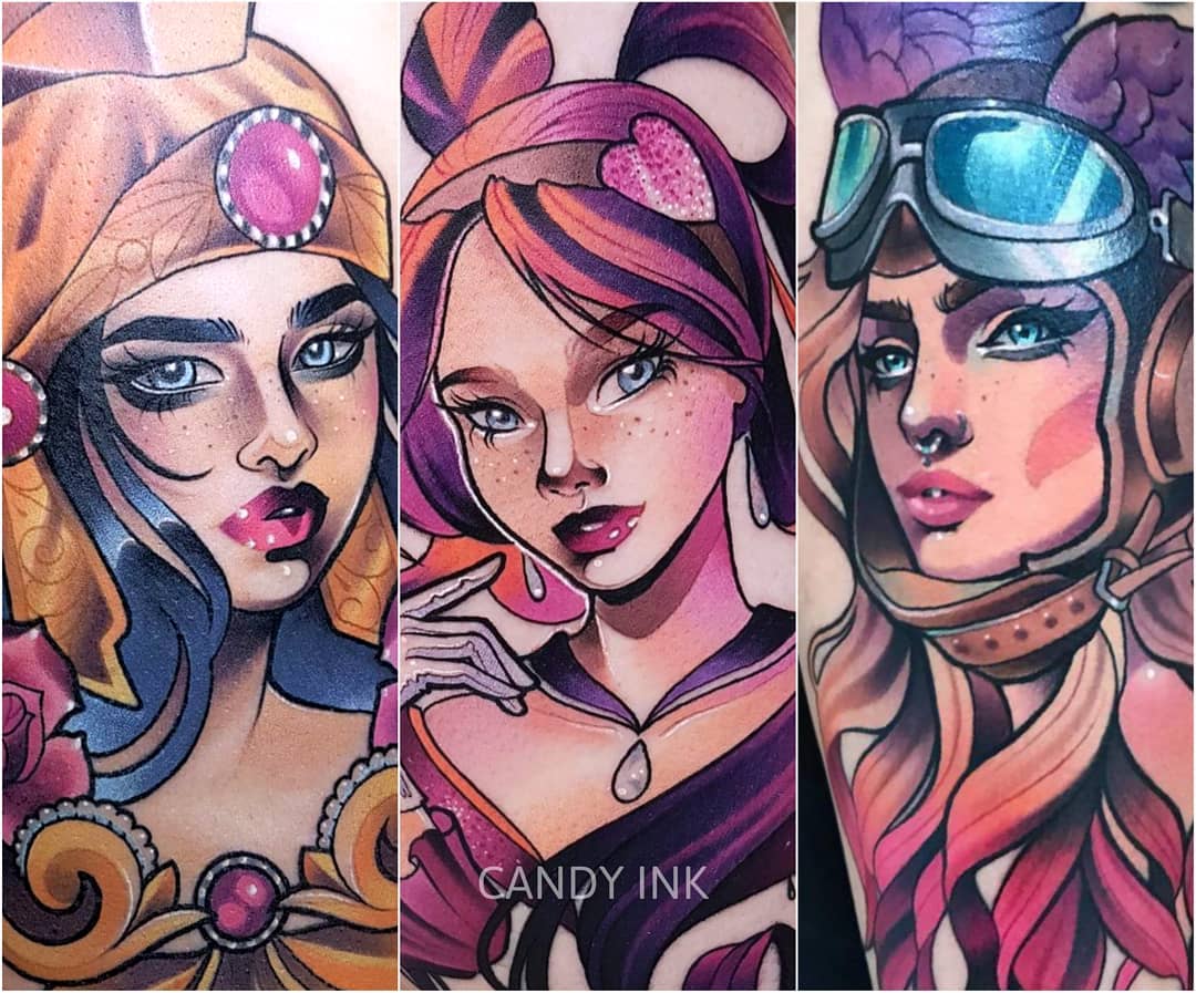 a triptych of female character portraits. the artwork is brightly colored in a neotraditional tattoo style. the women are stylized with large eyes and pouty lips.  the left image features a woman with dark hair wearing gold jewelry with pink gems. the center image shows a woman with pink and orange hair, a tear drop gem on her cheek, and a love heart on her glove. the right image has a woman with a pilot's cap and goggles with pink and blonde hair.