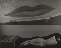 the photograph is a surrealist image. it features a female nude reclining in the foreground, partially covered by dark fabric. in the background is a large, seemingly floating, pair of lips that dominate the sky above a calm lake and distant mountains. a chessboard is partially visible in the bottom left corner. the overall mood is dark, dreamlike, and suggestive of the subconscious. the style is reminiscent of man ray's surrealist work.  the juxtaposition of the realistic nude with the fantastical lips creates a visually striking and unsettling composition.