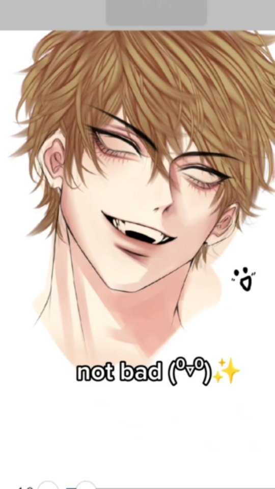 he image is a digital drawing or fanart of an animestyle boy with blonde hair, glasses, and fangs. he is smiling with a sly expression. the art style is soft and delicate, with a focus on shading and detail in his facial features.  the background is white, and the text "not bad (^_^)" and some sparkle emojis are at the bottom. the overall aesthetic is cute but slightly mischievous.