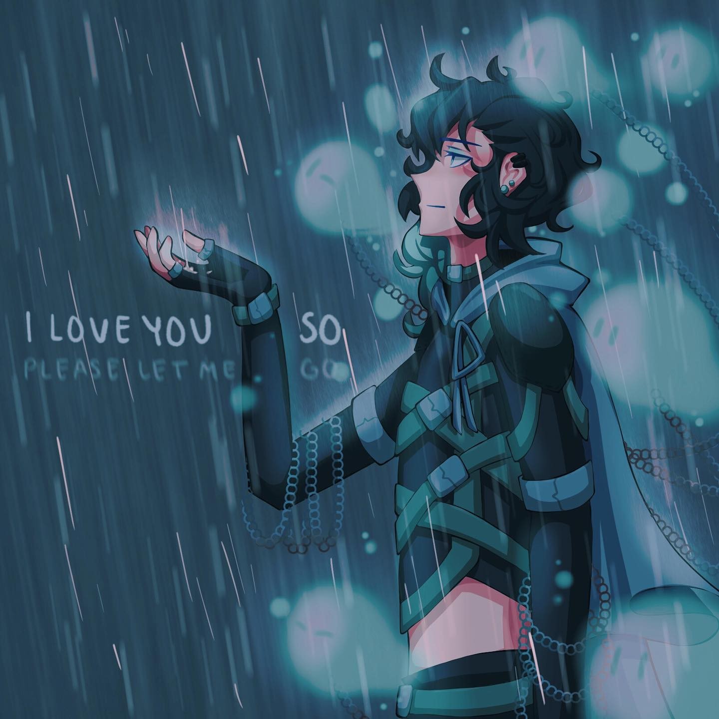 the artwork is a digital painting or illustration in an anime style. it depicts a young male character with dark teal hair and clothing, standing in heavy rain. he has a melancholic expression, his hand outstretched as if reaching for something or someone.  floating orbs of light are visible in the rain around him.  the character's clothing features chains and a cape. text overlayed on the image reads "i love you so, please let me go," conveying a sense of sadness and heartbreak. the overall atmosphere is gloomy and emotionally charged, with a focus on the character's sadness and plea. the color palette is predominantly dark teal and green, reinforcing the melancholic mood.