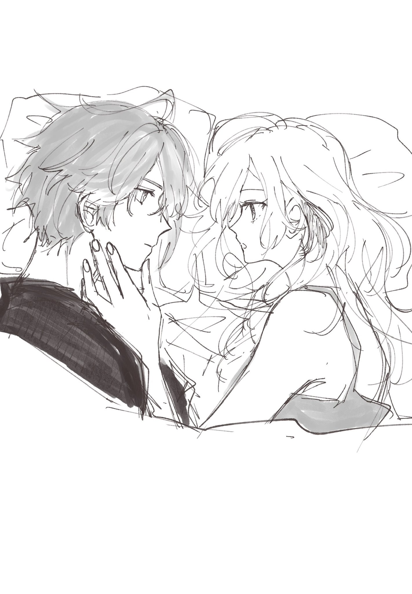 a black and white sketch of a young anime couple cuddling in bed. the male character is on the left, with his arm around the female character, who is on the right. they both seem to be asleep, with their heads resting on each other. the sketch is done in a simple, yet detailed style.