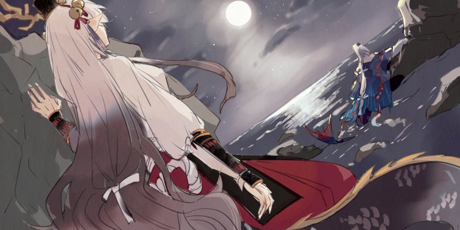 the image depicts an anime girl with long white hair and red and white clothing standing on a cliff overlooking the ocean. the night sky is full of stars and a large full moon is shining brightly. the girl is looking out at the ocean, where a blue and red fishlike creature with a tail and fins is swimming. there are also other rocks and cliffs in the background. the image is a beautiful and serene scene that evokes a sense of peace and tranquility. the girl's elegant and graceful posture suggests a sense of power and strength, while the mythical creature swimming in the ocean adds a touch of mystery and wonder. the overall effect of the image is dreamlike and magical.