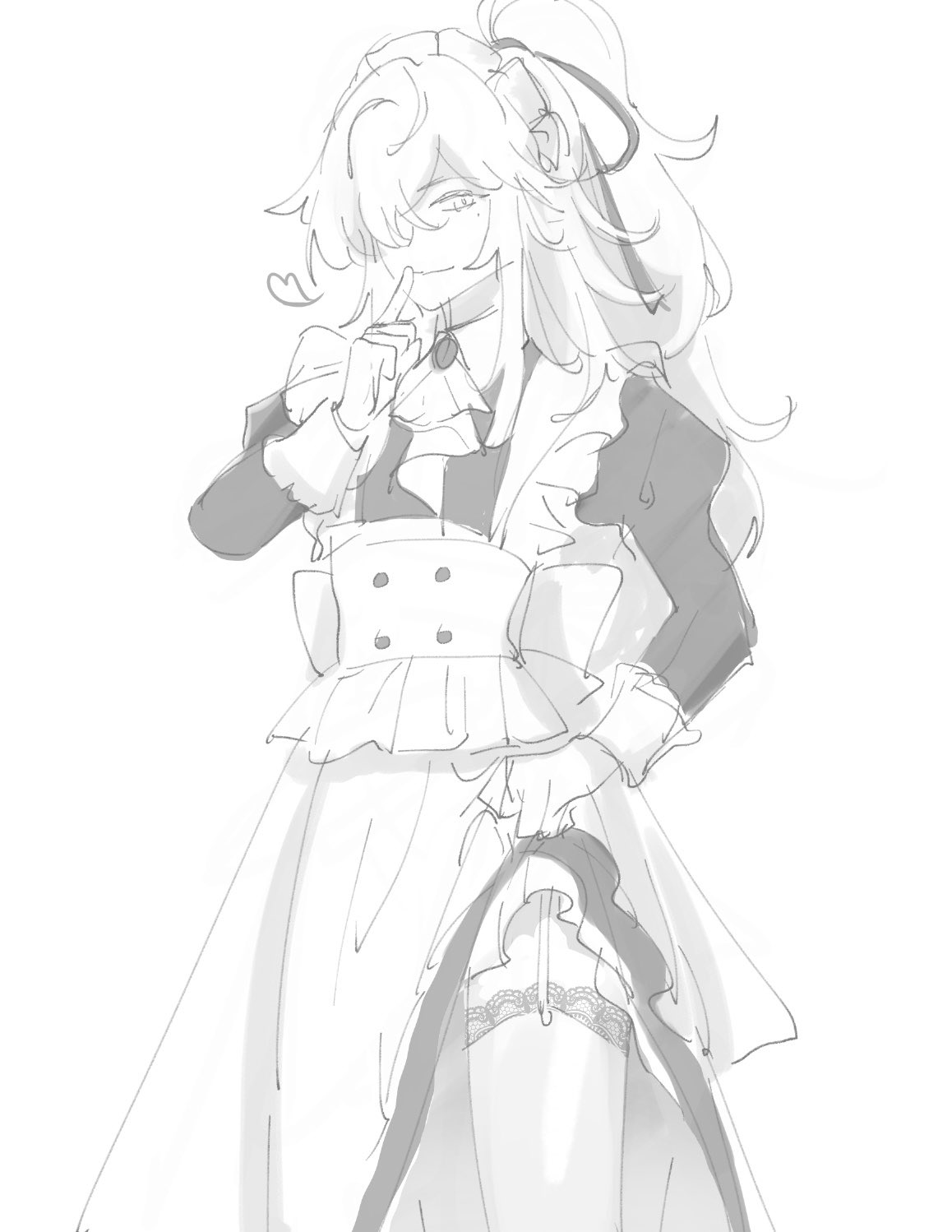 this is a sketch of an anime girl dressed as a maid. she has long white hair and is wearing a white dress with black accents. she is holding her finger to her lips as if she is asking someone to be quiet.