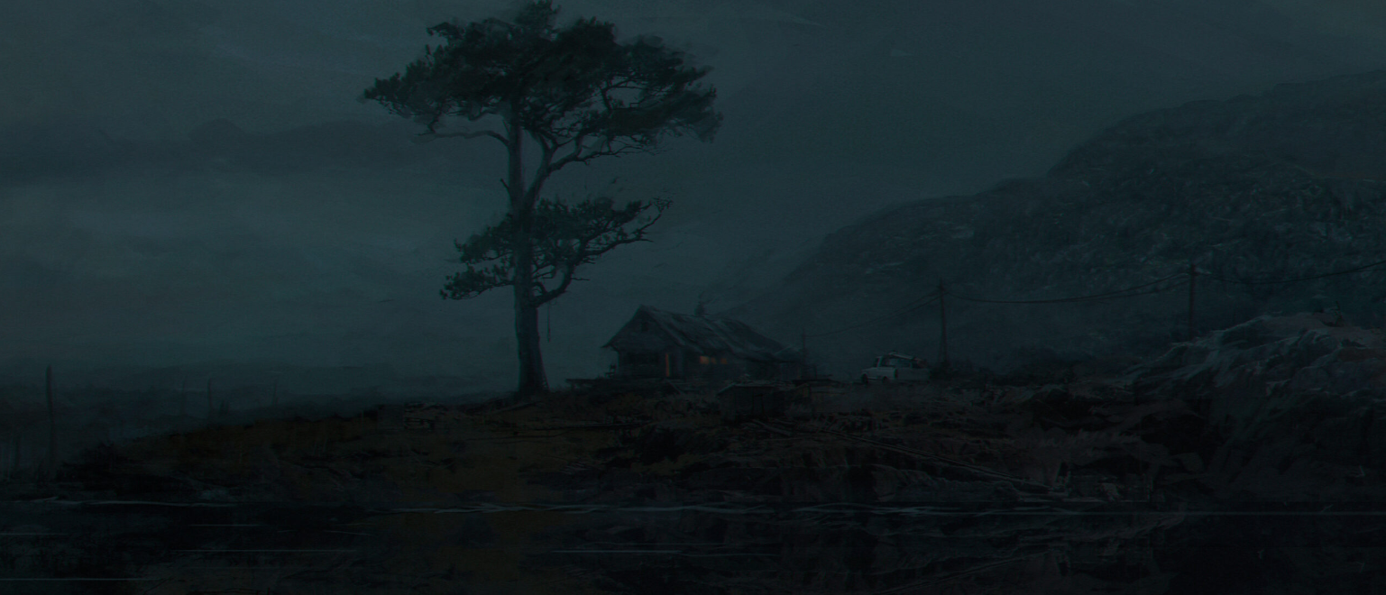 a lone pine tree stands sentinel beside a dimly lit cabin nestled at the edge of a dark and still lake. fog hangs heavy in the air, obscuring the distant, shadowy mountains. a lone car sits parked near the cabin, the only sign of life in this otherwise desolate and atmospheric landscape. the overall mood is one of quiet mystery and solitude.
