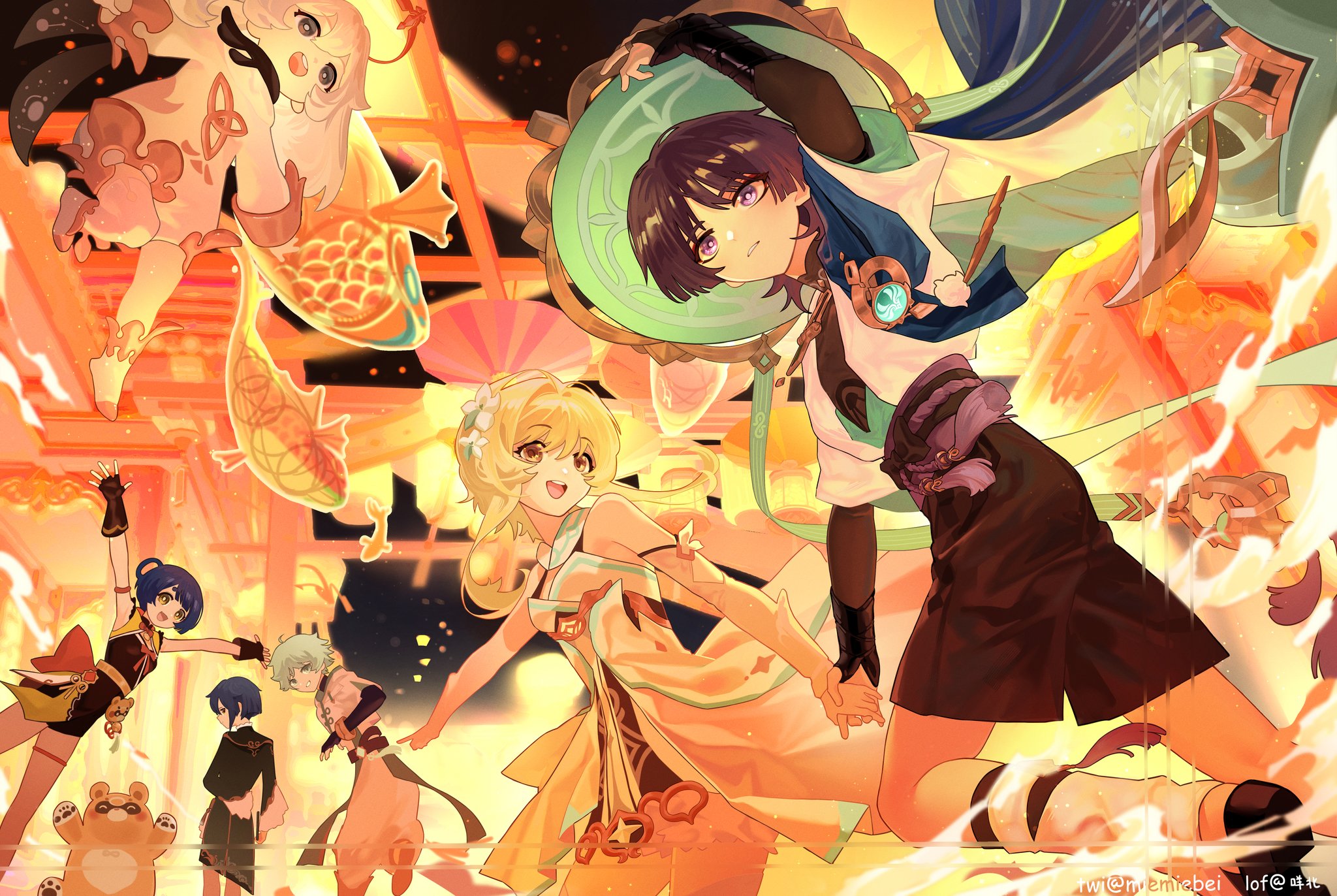 this animestyle illustration showcases five characters adorned in colorful kimonos, set against a vibrant backdrop of lanterns and goldfish. the characters exude a whimsical and festive atmosphere, their smiles and bright outfits contributing to the celebratory mood. the artwork is filled with intricate details, from the delicate floral patterns on their kimonos to the swirling patterns of the lanterns. the overall composition is dynamic and eyecatching, with the characters seemingly floating amidst a flurry of colors and light.
