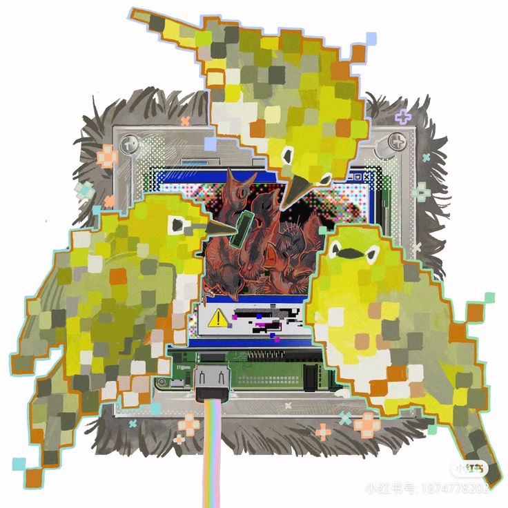 the image is a vibrant and surreal digital collage.  three pixelated yellow birds are the central focus, seemingly emerging from or interacting with a computer chip and circuit board. the chip displays a glitching screen with a warning sign and a cluster of smaller, darkly colored birds. a fuzzy dust cloth surrounds the technological elements, adding a contrasting organic texture.  a rainbowcolored usb cable extends from the bottom of the chip, visually linking the natural and technological elements. the overall style blends pixel art with glitch art, creating a jarring yet aesthetically pleasing visual juxtaposition of nature and technology. the color palette is predominantly yellow and green, with accents of rainbow and the muted tones of the computer components and dust cloth. the artwork conveys a sense of chaos and digital disruption.