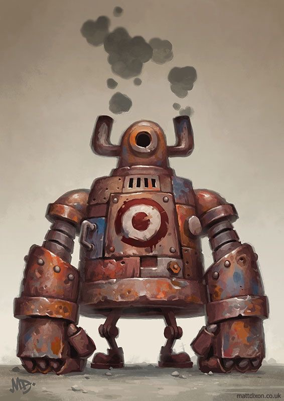a rusty, old steampunk robot stands on a dirt ground with smoke coming out of its head. it has one eye, and a target on its chest. the robot's body is made of various metal plates and parts.  the style is cartoonlike and whimsical.  the art looks digital.