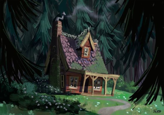 the image shows a cozy cabin nestled in a lush forest. the cabin features a stone chimney, a tiled roof adorned with moss, and a wooden porch. surrounding the cabin are towering evergreen trees, casting long shadows and creating a sense of tranquility. a winding path leads to the cabin's entrance, inviting viewers to explore its secrets. the overall atmosphere is serene and inviting, evoking a sense of wonder and mystery.