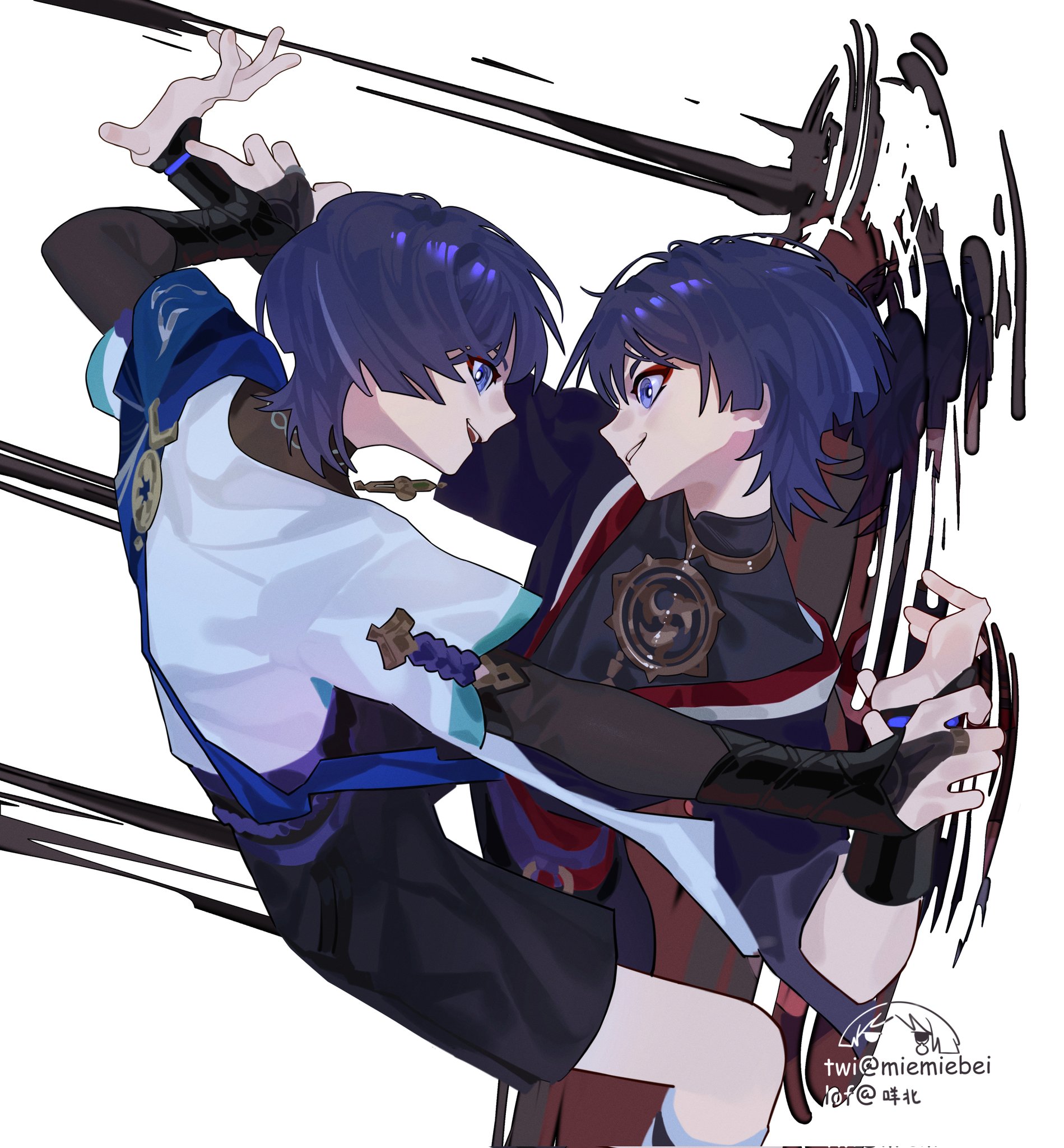 this is a digital illustration of two anime boys who appear to be fighting or dancing. the one on the left is wearing a blue and white outfit and has his arm around the neck of the one on the right. the one on the right is wearing a black, red, and white outfit. the background is made of abstract black lines. they are both looking at each other. the image is drawn in a manga style.