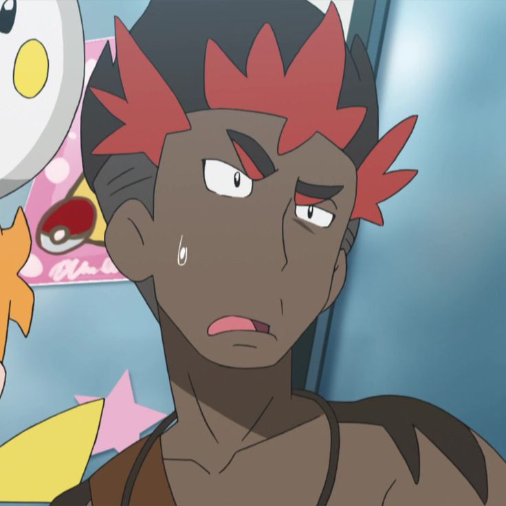 a closeup of a cartoon anime character, likely from the pokemon franchise. the character has red spiky hair, dark skin, and appears to be male. his expression is a mixture of surprised, concerned, and worried. his mouth is open slightly, showing teeth, and he has a bead of sweat on his cheek.  he has large eyes with wide pupils and furrowed brows. the background is blue and blurry.