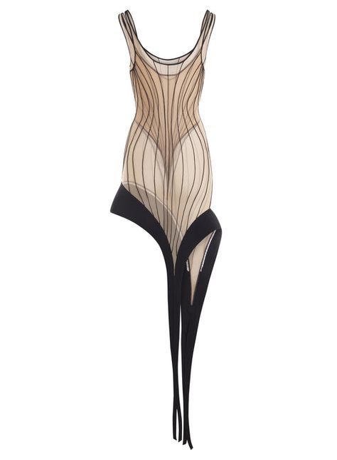 the image showcases a unique and artistic onepiece dress or bodysuit. it features a sheer fabric with black vertical lines that follow the contours of a body. the garment has thin straps and an asymmetrical hemline. the lower portion of the dress is adorned with sharp, angular black trim that extends into pointed extensions, creating a dramatic and visually striking silhouette. the style of the garment suggests a highfashion or avantgarde design.