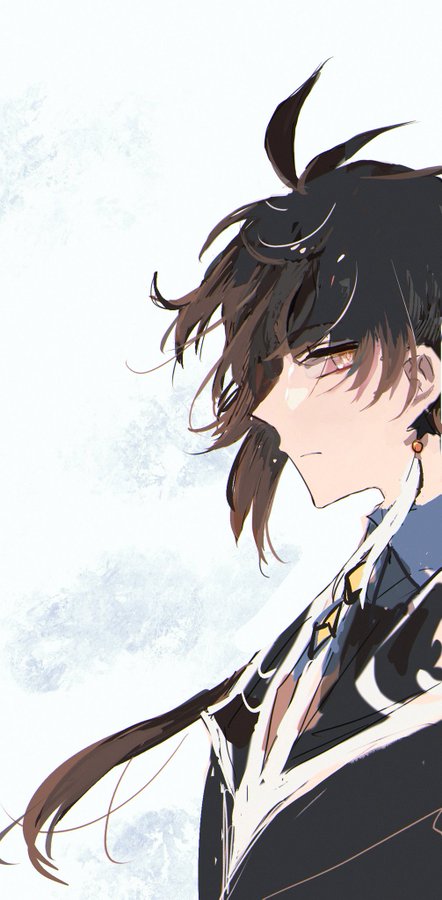 an anime style illustration of a male character with black hair and blue and grey clothing. he is looking down with a sad expression on his face. he is drawn in a white background with soft pastel like colors.