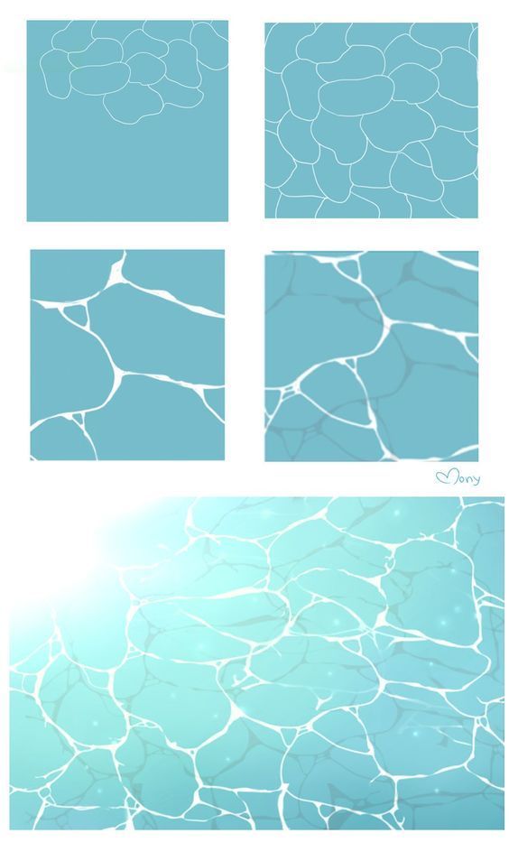the image shows a set of six square tiles featuring the texture of water in a swimming pool. the top row showcases simplistic, cartoonish water, while the bottom row presents more realistic water textures. the largest tile at the bottom depicts a closeup of the water's surface, reflecting bright sunlight.