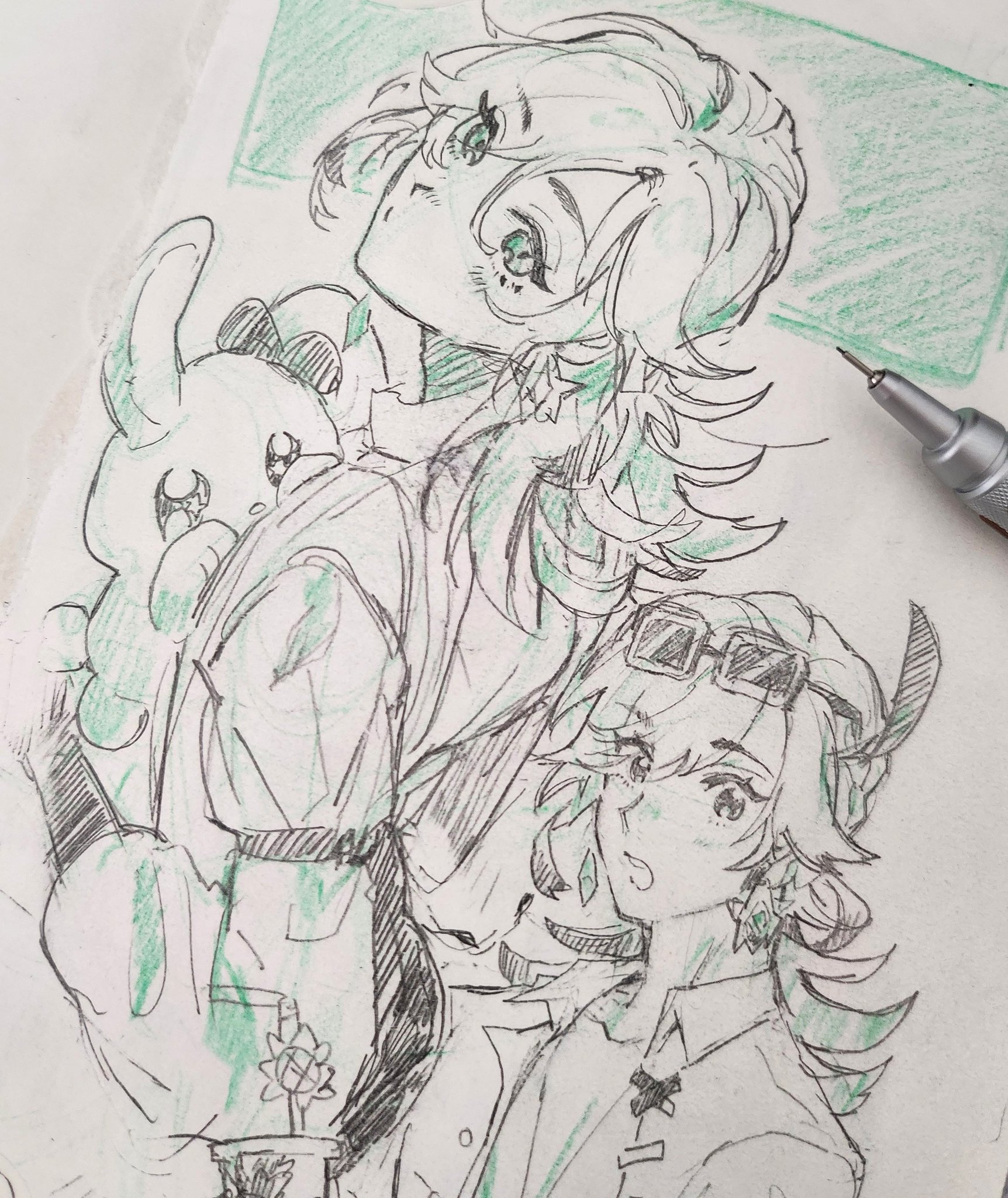 a handdrawn sketch of two anime girls. the girl on the left has long wavy hair, is wearing a jacket and glasses, and is holding a bunny plushie. the girl on the right is wearing a jacket and a shirt with an x. they are both looking at the viewer. the drawing is in pencil and has been colored in green.