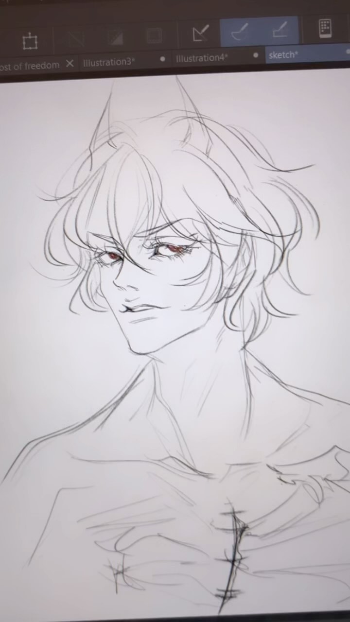 the image shows a digital sketch or drawing in progress on a tablet screen. the artwork depicts a young male character with anime/mangastyle features, including horns and expressive eyes. the drawing is predominantly in grayscale, with light shading and line work detailing the character's face, hair, shoulders, and chest. the artist appears to be working on the clothing details of the character.  the image also includes the top bar of the art software with various tools and file names visible.  the overall style is stylized and suggests a character design for a fantasy setting or similar.