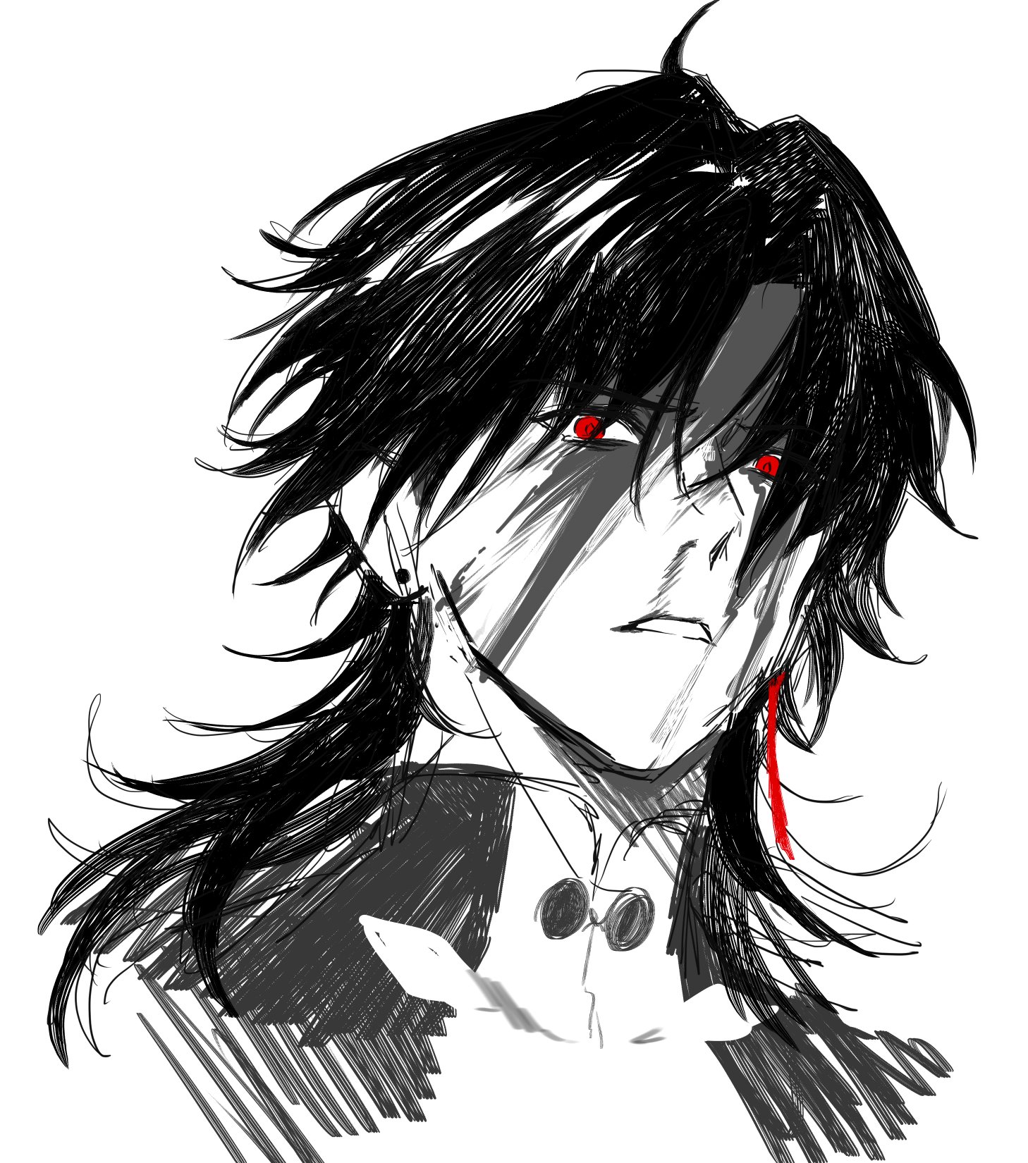 a detailed sketch of an anime character with long black hair, red eyes and a serious expression. the character is wearing a collared shirt and has an earring on one ear. the art style is monochrome with a focus on linework and shading. the sketch has a rough and expressive feel to it, emphasizing the character's intensity and emotion.