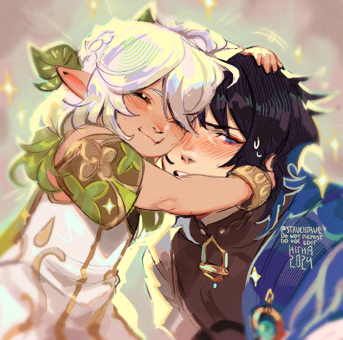 this is an illustration of albedo and xiao from the video game genshin impact. they are hugging and smiling at each other.  albedo is on the left, wearing a white dress with green accents, and xiao is on the right, wearing a blue jacket and black shirt with gold accents.