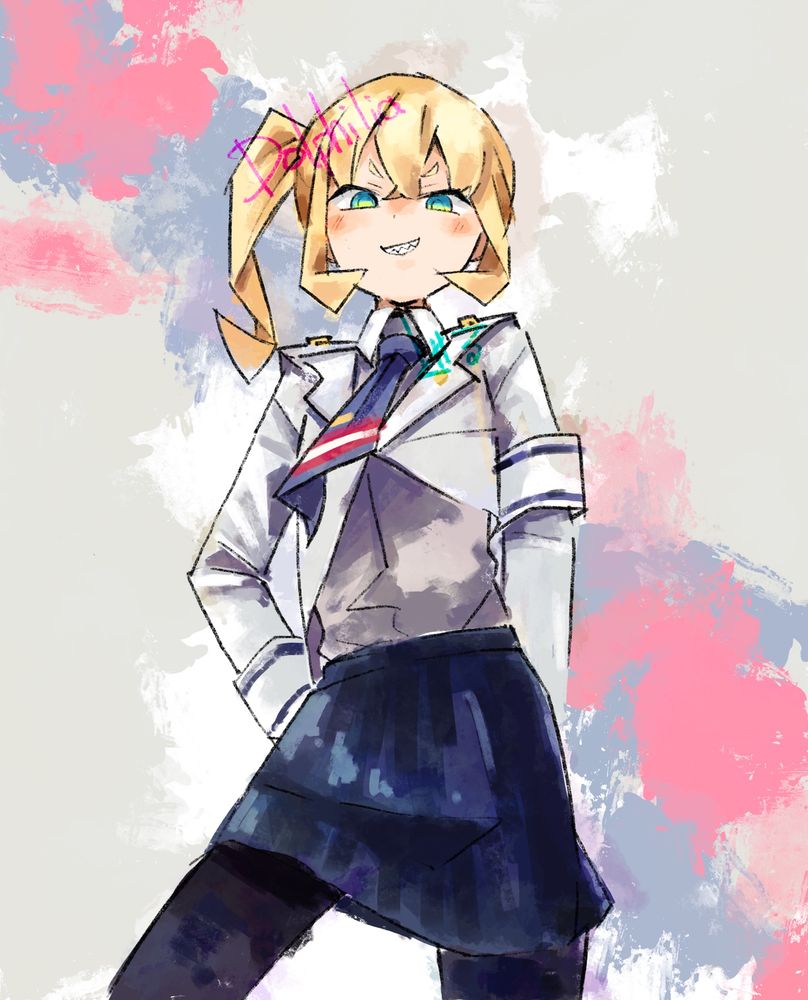 the image is a digital fanart depicting an animestyle girl with blonde hair in pigtails. she's wearing a school uniform consisting of a white jacket with navy blue accents, a dark blue pleated skirt, and black tights. her expression is smug and confident. the background is an abstract wash of pink and grey paint strokes. the art style is loose and expressive, with visible brushstrokes.  the overall feel is dynamic and playful.