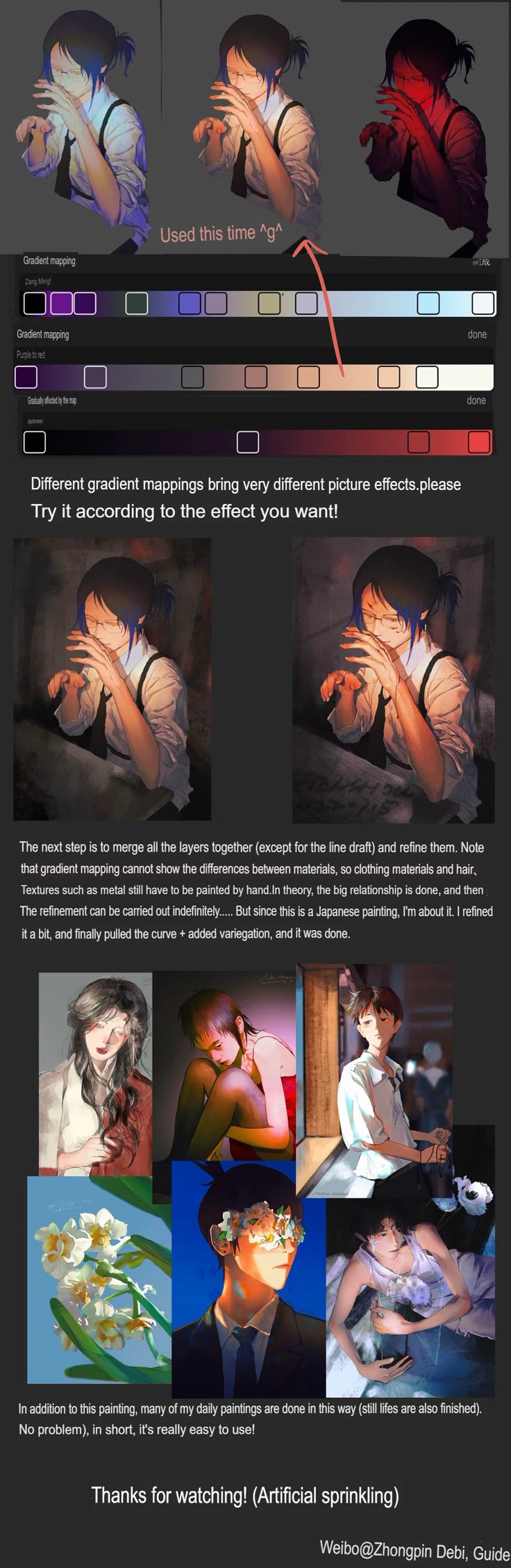 the image is a tutorial on using gradient mapping in digital art, particularly in an anime style. it shows various color palettes and the effects they have on a character illustration. the tutorial explains the process of merging layers and refining the image, and it includes examples of other artworks created using this technique.
