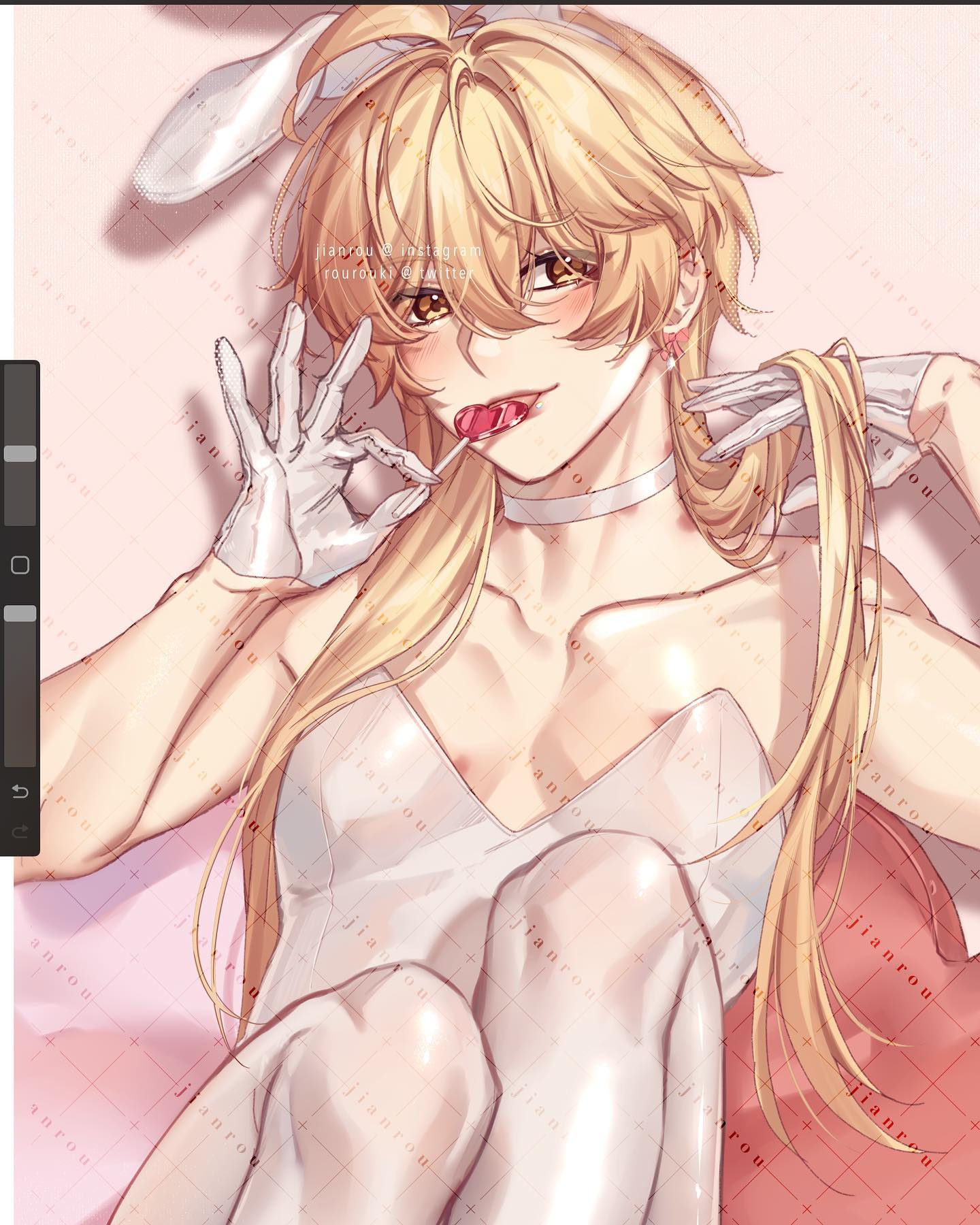 the image is a digital drawing or painting of an animestyle girl. she has long blonde hair, bunny ears, and is wearing a white bunny girl outfit.  she is holding a lollipop and has a playful, slightly suggestive expression. the art style is soft and delicate, with pastel colors and a focus on smooth lines and shading. the background is a light pink. the overall impression is one of cuteness and charm, with a hint of suggestive themes.