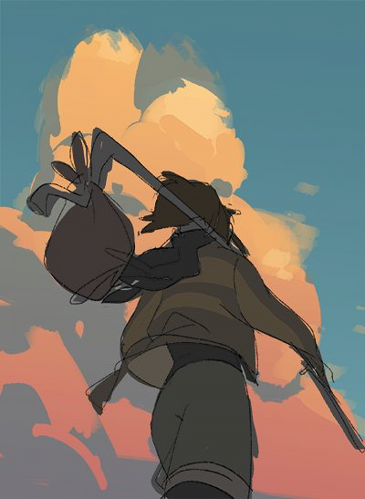 a digital illustration of a character, possibly from an anime or manga, drawn in a sketchy style. the character is wearing a brown jacket, dark pants, and holding a gun. they are walking away from the viewer, with their silhouette cast against a sunset sky. the illustration looks like a preproduction image of a scene.