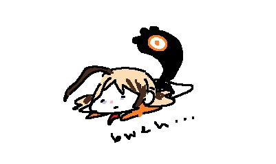 a black and white drawing of a tired monster girl laying on her stomach. she has short blonde hair, black horns, and a single large black and orange eye on a stalk. there is text that says "bw hi" underneath her.