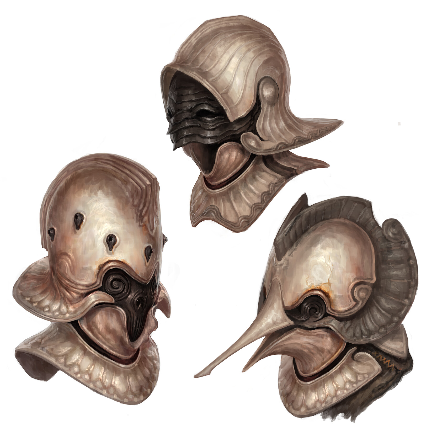 the image showcases three detailed illustrations of ornate, fantastical helmets, likely belonging to knights or warriors. each helmet possesses a unique design, featuring elements reminiscent of both medieval armor and organic forms. the helmets are rendered in a semirealistic style, with a muted color palette emphasizing the metallic textures and intricate details.