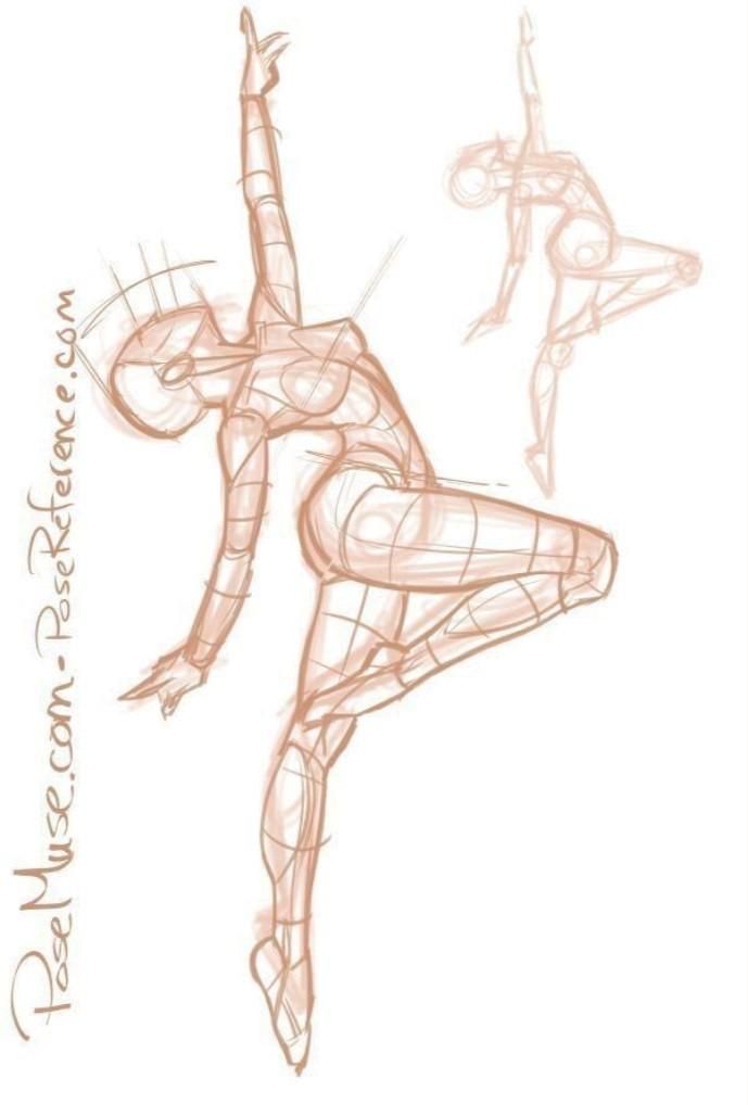 the image is a sketch of a female figure in a dance pose, drawn with anatomical outlines and a grid structure to depict the body's form. there are two figures displayed  a larger main figure, and a smaller one in the background showing a similar dance pose. the style of the drawing is designed as an art or figure drawing reference. the name posemuse.com is written along the left side.