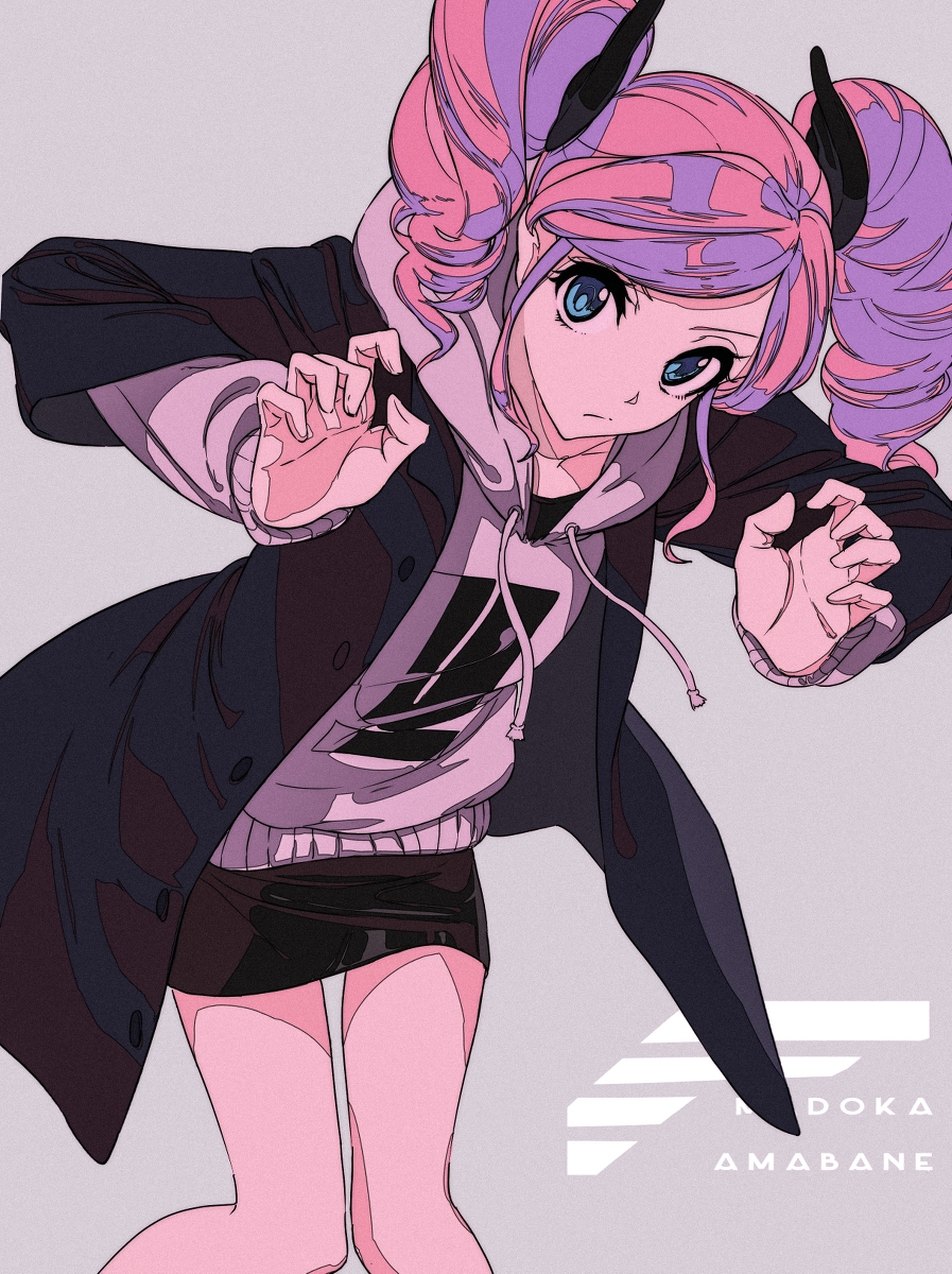 the image is a digital illustration of an animestyle girl. she has vibrant pink hair with purple highlights styled in large, slightly messy buns with small, dark horns. she is wearing a light pink hoodie under a dark jacket, a short black skirt, and what seems to be lightcolored stockings (though shoes are not fully visible). her pose is dynamic, with her hands raised and her body angled, giving a sense of movement.  her eyes are large and expressive. the background is a muted purplegray with a stylized logo or signature that includes "doka amabane," which is likely the artist's name or the work's title. the overall art style is a blend of anime and slightly graffitiinfluenced aesthetics, with bold lines and color choices.