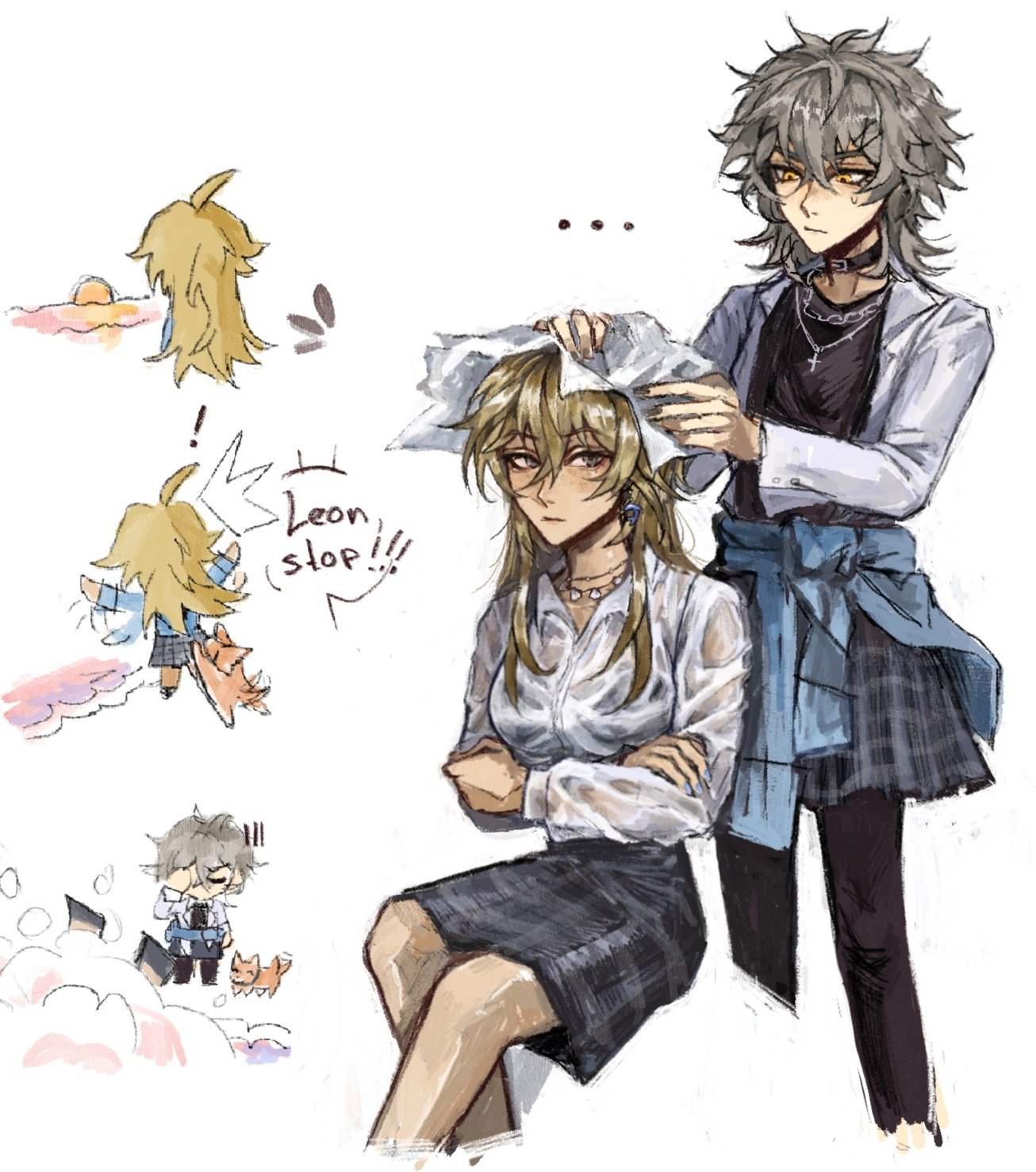 the image is a digital drawing or painting in an anime/manga style. it depicts two female characters. one has long, blonde hair and is wearing a partially seethrough white shirt and a plaid skirt. she appears slightly upset or annoyed. the other character has gray/silver hair, and is wearing a white jacket over a dark top and pants. she seems to be playfully or teasingly drying the blonde girl's wet hair with a piece of cloth. smaller, chibilike versions of the girls and other characters are also present in smaller panels scattered around the main image, hinting at a larger narrative or story. the overall style is loose and expressive. the background is simple and understated, focusing attention on the characters.