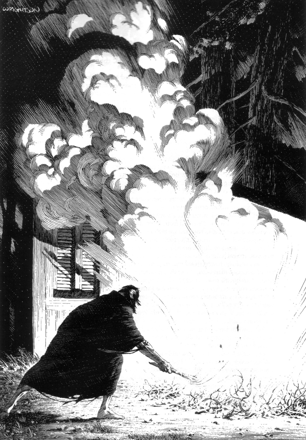 a black and white illustration of a man standing in front of a burning pile of wood. the fire is emitting a large amount of smoke, which is billowing up into the night sky. the man is wearing a long robe and is holding a stick in his hand. there is a house in the background, and trees can be seen in the distance.