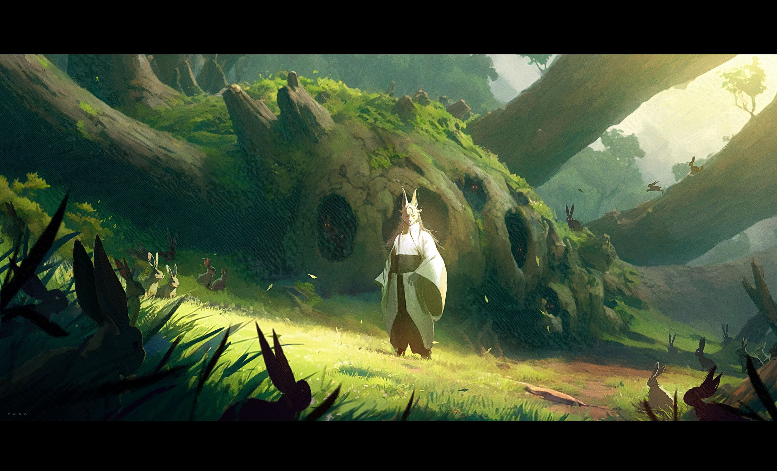 he image portrays a serene, mystical clearing in a forest. sunlight streams through the foliage, illuminating a massive, mosscovered, ancient tree trunk that dominates the scene. the trunk has a large opening resembling a skull, and within it stands a lone figure in flowing white robes, with long white hair and horns, hinting at a spiritual or otherworldly nature.  the figure is surrounded by numerous rabbits peacefully scattered across the clearing, suggesting a harmonious relationship with nature. the lush vegetation, dappled light, and the imposing yet serene presence of the ancient tree evoke a sense of tranquility and the enduring power of nature.