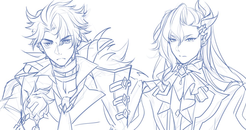 this is a sketch of two anime characters, a male and a female, standing side by side. the male character is on the left, with short, spiky hair and a determined expression, while the female character is on the right, with long flowing hair and a more gentle look. both characters are dressed in elaborate attire, suggesting a royal or aristocratic background. their clothes are intricately detailed, with collars, ties, and jewelry, creating a sense of elegance and style. the overall image is drawn with a soft, light blue line, adding a sense of ethereal beauty to the characters.