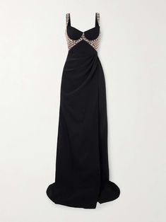 a black, sleeveless long formal dress with a sparkly detail around the bodice. the dress has a fitted bodice and a flowing skirt.