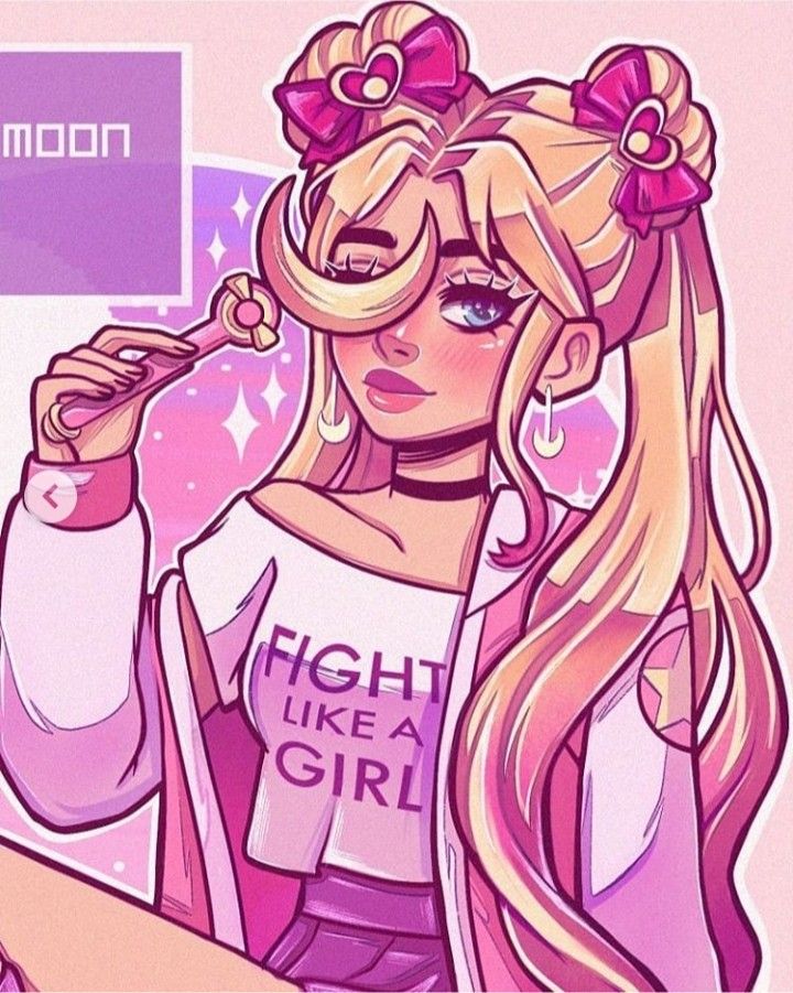 this is a digital drawing of a young woman. she has long blonde hair with two pink bows on top. her hair is styled with a half moon in the front. she is wearing a pink jacket with a white shirt that says "fight like a girl." she has a small pink bow on her left ear and a moon earring on her right ear. she is holding a magic wand in her right hand. the background is pink with glitter.