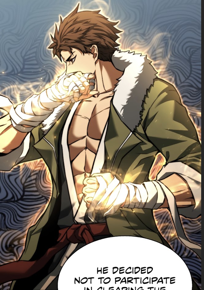 a man with brown hair is drawn in an anime/manga style in a comic book setting. he is wearing a green jacket over a black shirt and a red sash and is clenching both fists with glowing energy emanating from his hands. he has a determined look on his face. the background is blurry and has a swirly pattern that suggests he is moving fast. there is a speech bubble in the bottom corner with a text "he decided not to participate in clearing the..." which is cut off from the image. the image portrays a character who is about to unleash his power in an actionpacked fight scene.