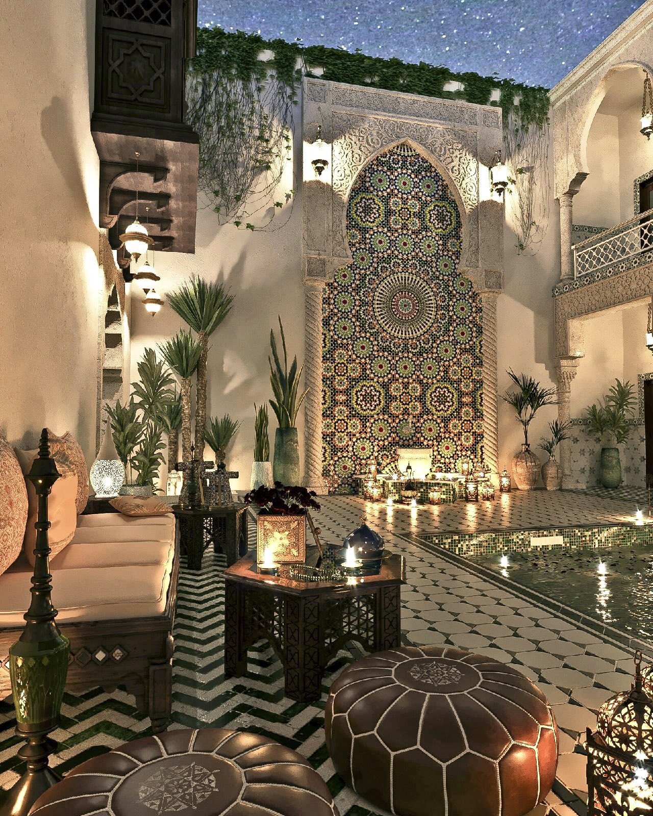 the image depicts a luxurious moroccan courtyard at night. the scene is illuminated by lanterns and decorative lighting, showcasing a traditional style with intricate tile mosaics and islamic art elements. a water fountain and a small pool are prominent features, surrounded by comfortable outdoor seating with cushions and poufs. the courtyard is decorated with various plants, including palm trees, creating a serene and elegant atmosphere. the flooring has a unique chevron pattern, complementing the overall oriental design.