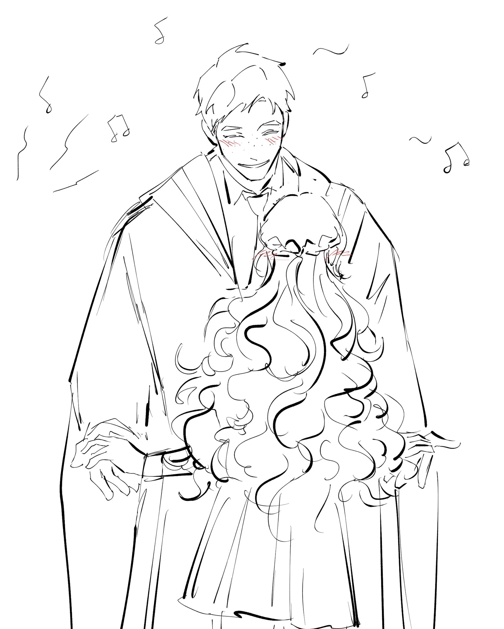 the image is a black and white line drawing, likely in an anime or manga style, depicting a romantic scene. a man and woman are embraced in a hug, possibly dancing. the man is wearing a long cloak and the woman a dress. music notes float around them, adding to the romantic atmosphere. the style is simple and minimalistic, focusing on lines and curves to convey emotion and movement. both characters appear to be blushing, suggesting shyness or affection.