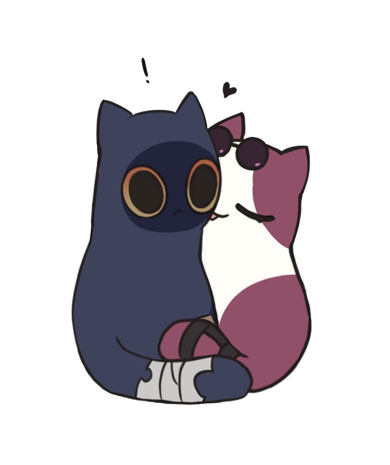 this is a cute cartoon illustration of two cats hugging each other. one cat is blue and has a bandage on its leg, the other cat is pink and white with sunglasses.  the cats are drawn in a simple style and have big, expressive eyes.  they look very happy and in love.  the image is perfect for a greeting card or to brighten someone's day.