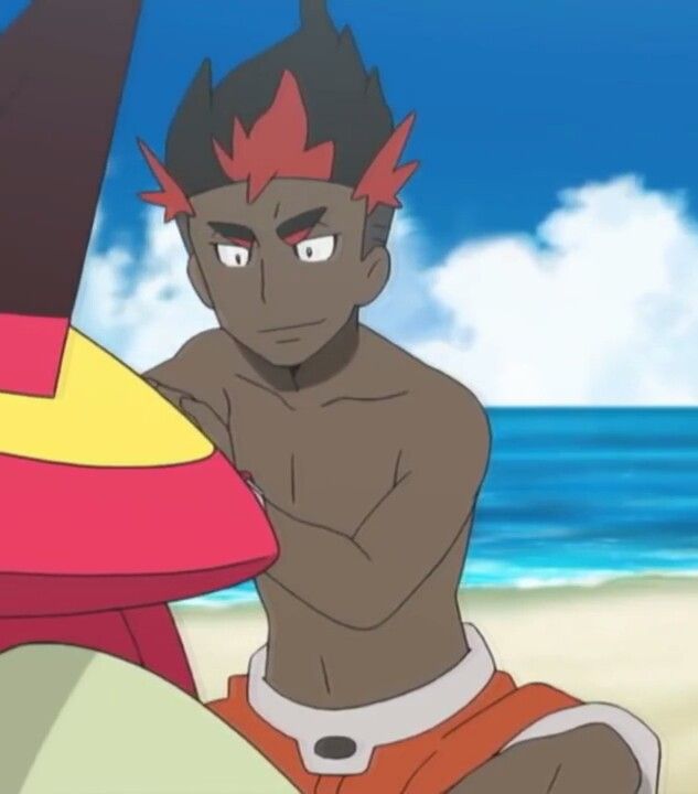 a cartoon character in a red and white swim suit smiles while standing on a beach.