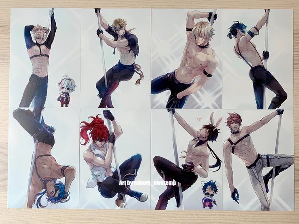 the image is a collection of 8 animestyle illustrations of young men. the men are all depicted in various poses, some shirtless, some wearing bunny ears, and all with muscular builds. many are positioned to be dancing on a pole. they are all drawn in a stylized anime style, with bold lines and exaggerated features.  they are all depicted in a similar style, with the same level of detail and realism, and there is a consistent use of light and shadow. the image suggests a story or theme that is related to performance or entertainment.
