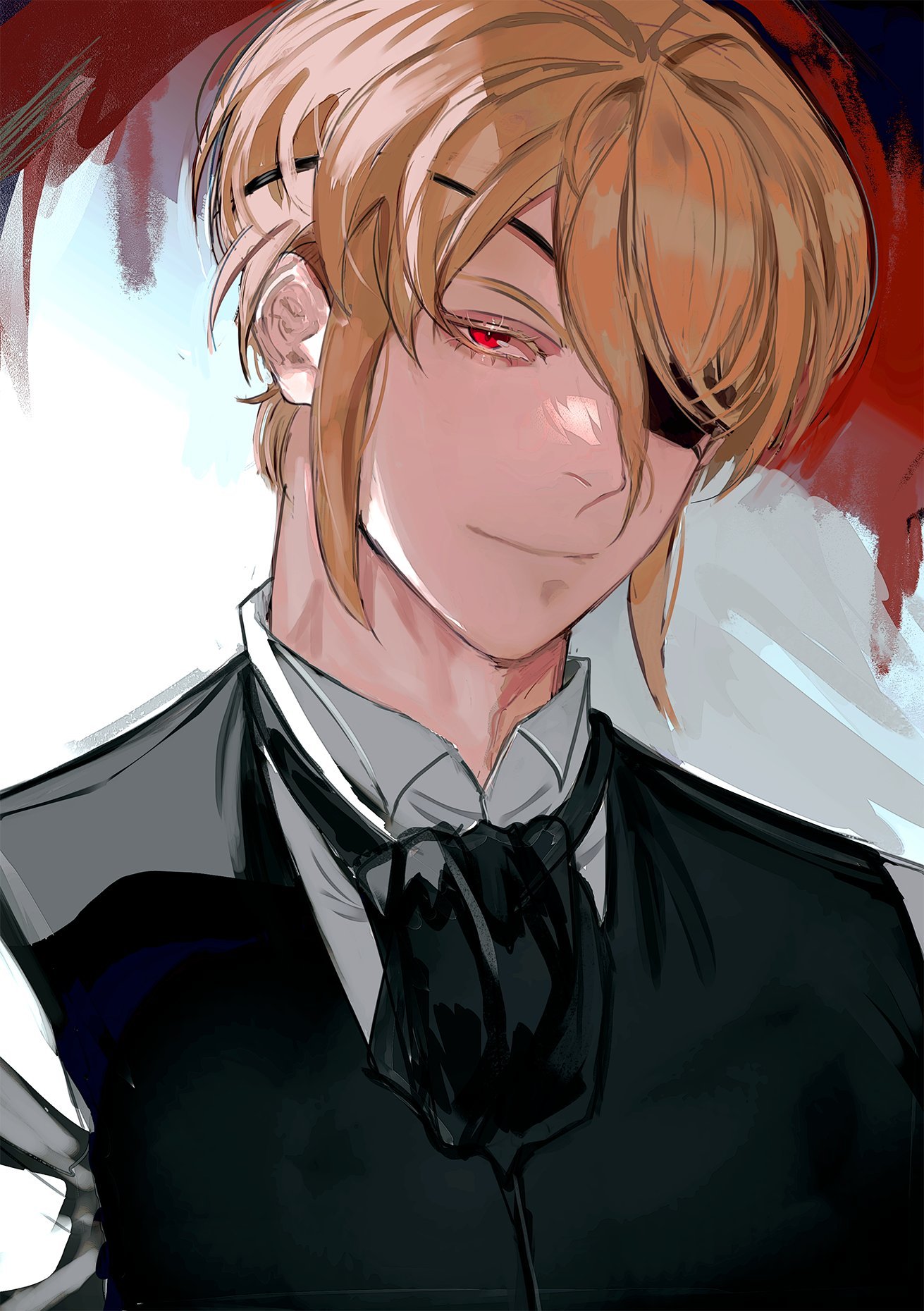 this is a digital art illustration of an anime male character. he has blond hair, a red eye, and is wearing a black suit with a white collar and a bow tie. he has a mischievous smile and a eyepatch covering his left eye. the art style is detailed, and the character has a stylish and handsome look.