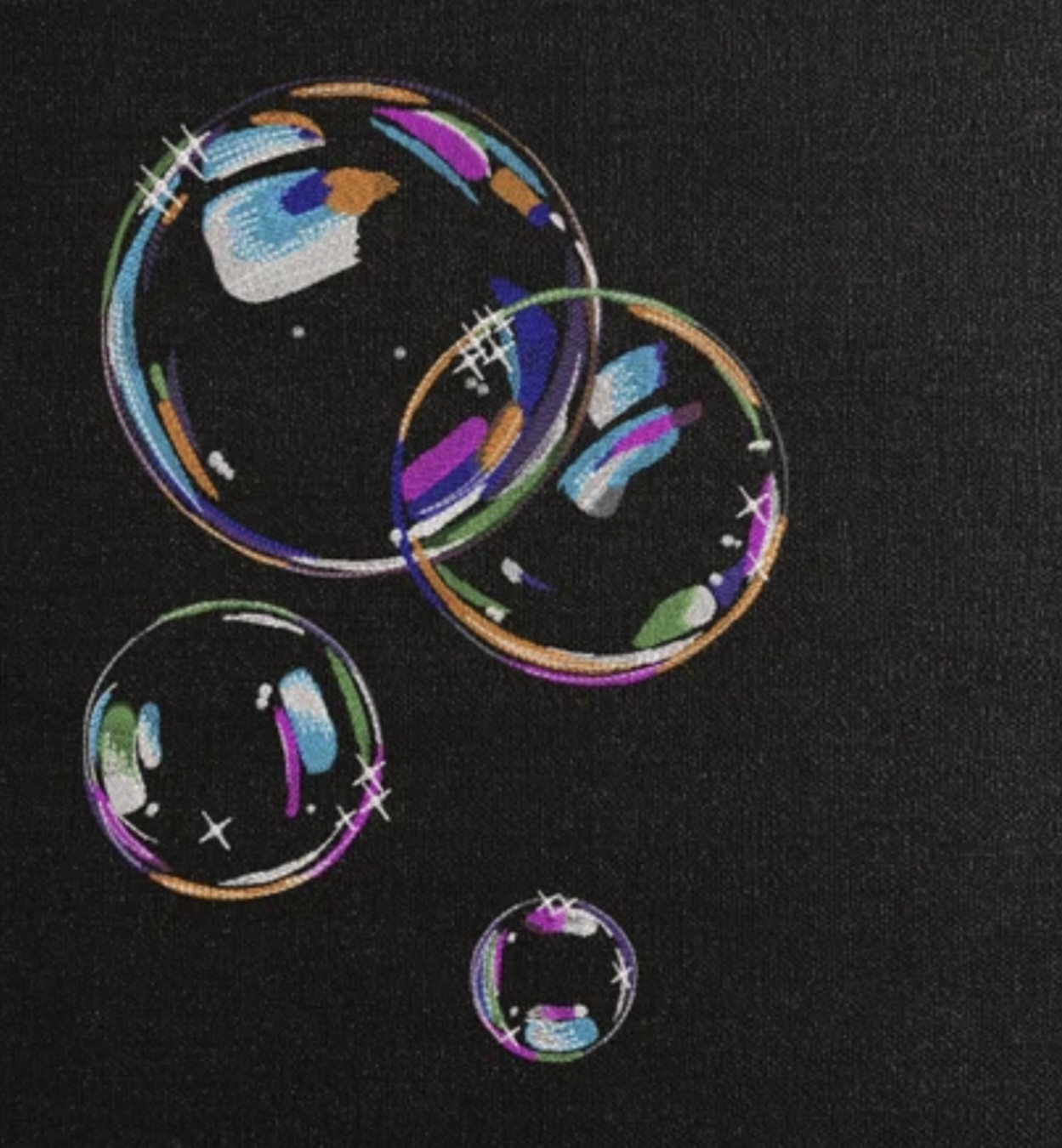 a closeup of four colorful bubbles on a black background, all of different sizes and colors. the bubbles are arranged in a semicircle, with the largest bubble at the top. the bubbles are all filled with air and have a glossy finish. the image is likely a design or pattern for something like clothing or fabric.