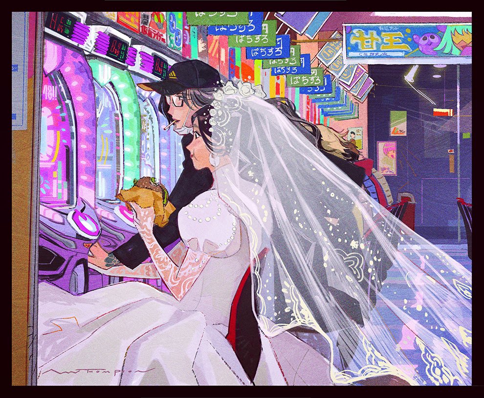 this vibrant digital art illustration shows an anime bride and groom couple enjoying a night at the arcade, with the neon lights and bright colors giving a playful and romantic mood. the bride is in a traditional white wedding dress with a veil and the groom is dressed in black with a cap. the scene has a retro anime style, giving off a nostalgic and romantic feel.
