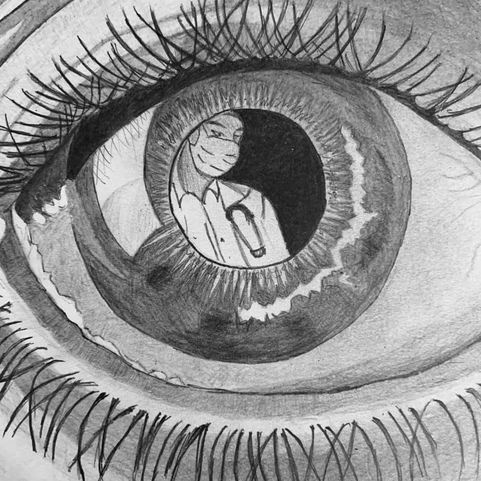 a closeup, pencil drawing of an eye. inside the pupil, a figure of a doctor wearing a mask is seen looking out. this image is a powerful visual representation of the healthcare workers on the frontlines during the pandemic. it captures the sense of hope and resilience in the face of adversity. the intricate detail of the eyelashes and the reflection of the doctor in the pupil add depth and dimension to the artwork.