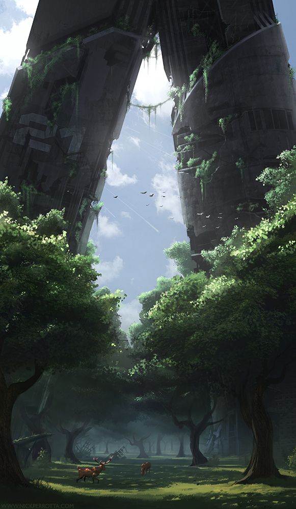 the image depicts a fantastical landscape where nature has reclaimed a ruined, futuristiclooking structure. two massive, weathered stone arches dominate the scene, covered in overgrowth and vegetation. through the opening between them, a blue sky with scattered clouds and birds can be seen. in the foreground, a forest with tall trees and a misty atmosphere extends towards the arches. two deer are visible in the clearing. the overall impression is one of a postapocalyptic world where nature has thrived amidst the remnants of a technologically advanced civilization.