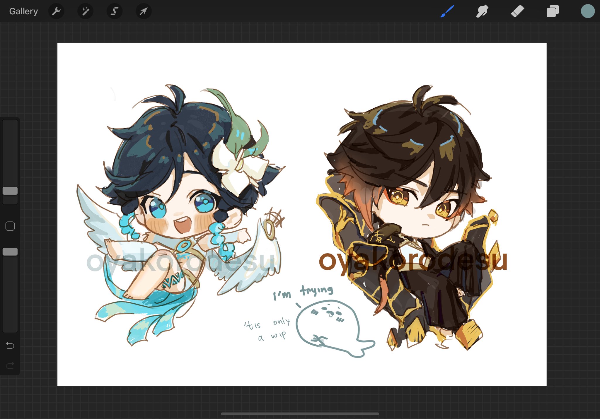 a digital illustration featuring two chibi characters from the popular video game genshin impact. on the left is venti, a character with blue hair and wings, wearing a blue and white outfit. he is smiling happily. on the right is xiao, a character with black hair and a black and gold outfit. he has a more serious expression. the image is set against a white background. the artwork is signed in the bottom right corner with "oyasukorodesu."  the text "i'm trying 'tis only a wip" is written in the bottom left corner.