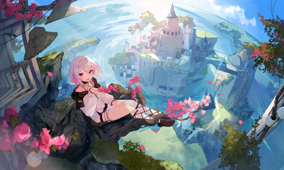 the image is a digital painting of an animestyle girl with long, pink hair. she is seated on a dark rock formation, wearing a white, offtheshoulder top and black stockings.  she appears to be looking at the viewer, and is holding some pink flowers in her hand. the background is a surreal and whimsical landscape featuring a floating island with a large castlelike structure. the island is surrounded by water and is partially obscured by clouds and other floating rock formations. lush greenery and pink bougainvillea flowers are scattered throughout the scene, adding to its dreamlike atmosphere. the overall style is painterly, with a blend of soft and sharp details, creating a balance between realism and fantasy. the color palette is predominantly pastel, with accents of pinks, blues, and greens.